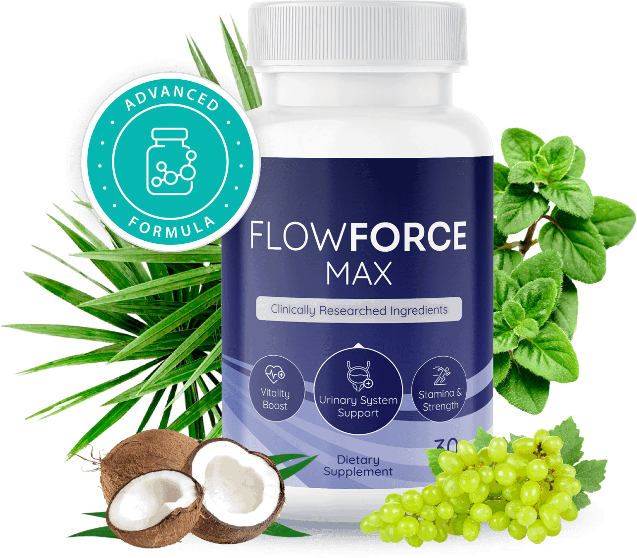 FlowForceMax supplement bottle showing natural prostate support formula